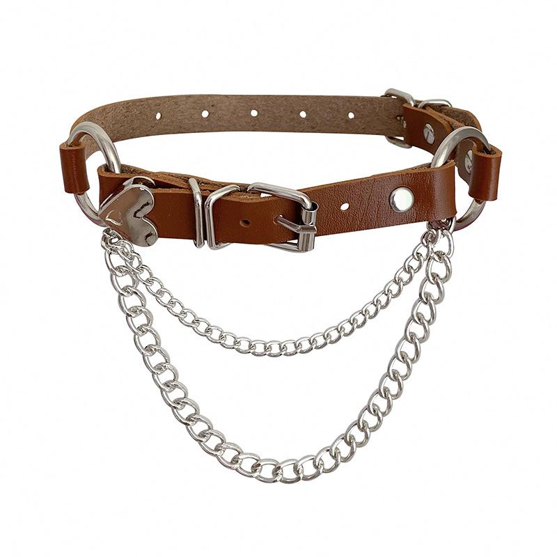 Punk PU leather collar heart-shaped peach heart chain necklace original goth neck chain love exaggerated collarbone chain