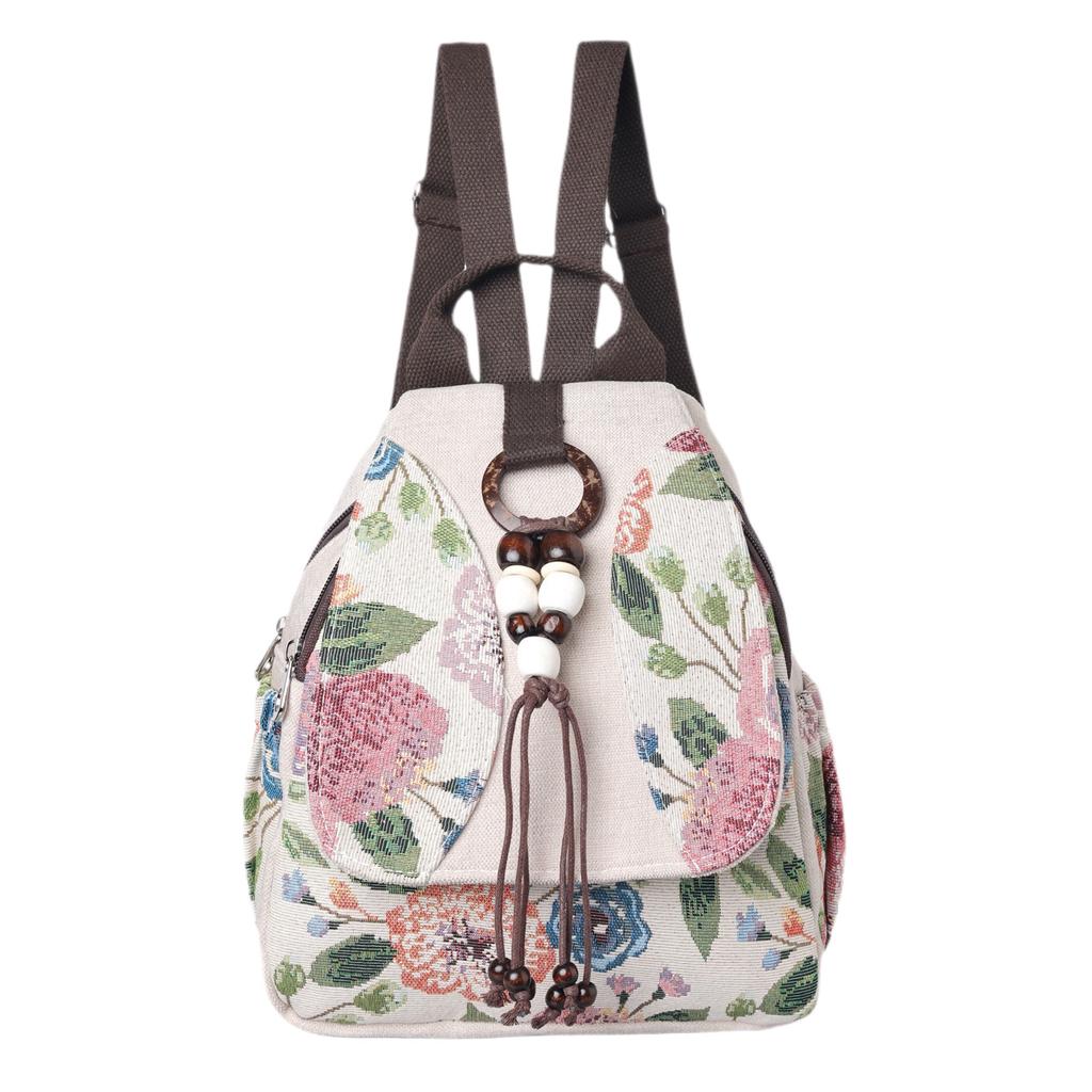 Embroidered Flower Double Shoulder Bag - Women's Literary Backpack, Ethnic Style, Vintage Travel Bag