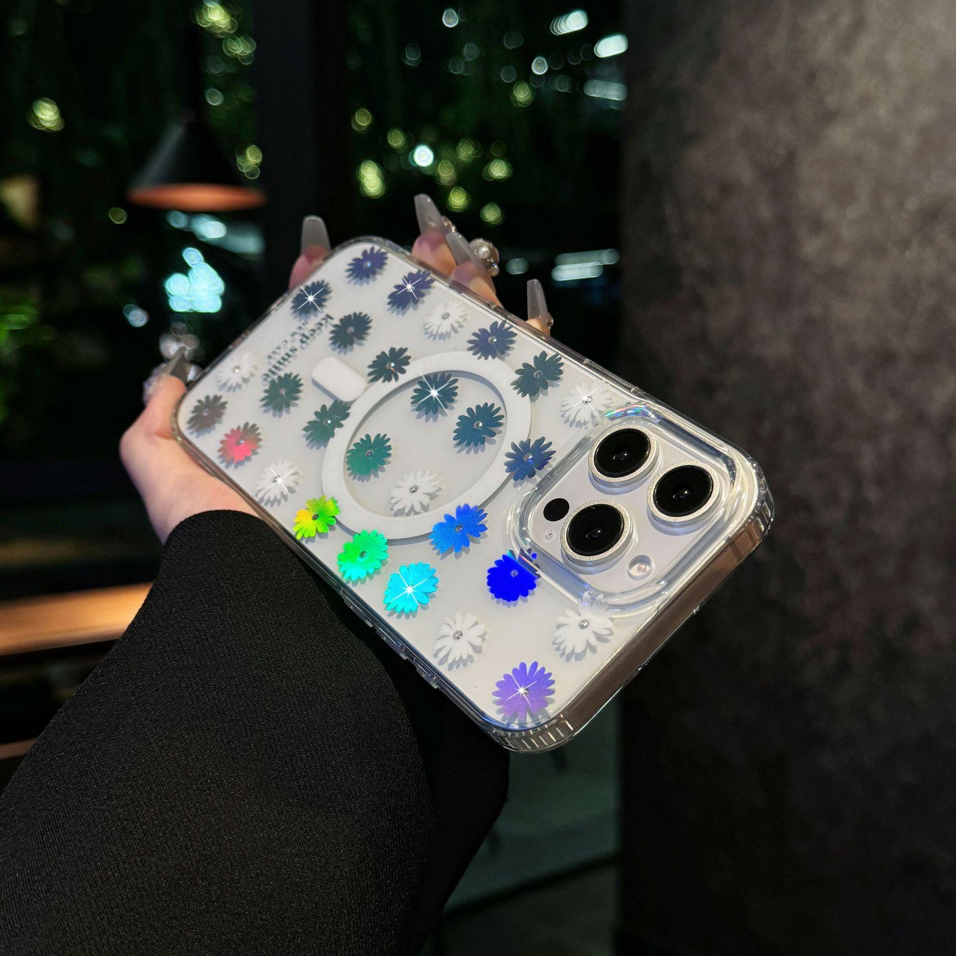 

Подходит для iPhone 16, Лазерный меняющий цвет чехол для телефона Zouju N52, Сильное магнитное притяжение, Мягкий чехол Apple 15 с цветочным узором, инкрустированный бриллиантами iPhone14Promax