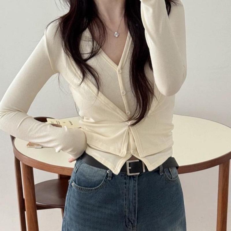 

Korean Dongdaemun Slim Fit Halter V-neck Button Two-piece Long Sleeve Cardigan T-shirt One Size