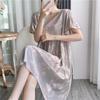 Cotton and silk nightgown women's summer thin short-sleeved cartoon printed pajamas can be worn outside long large size loose knee pajamas