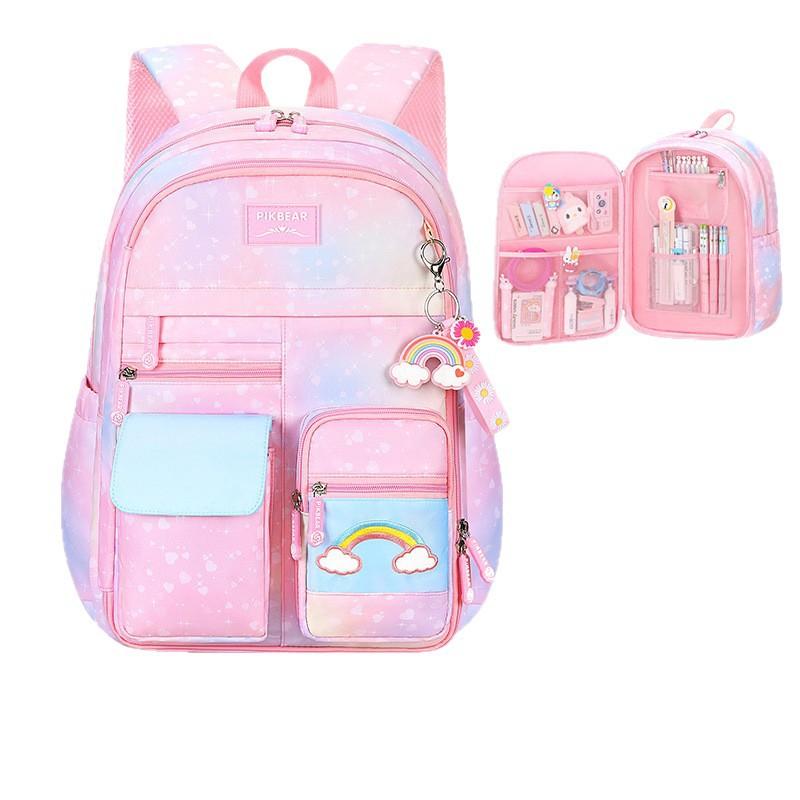 Regenbogen Prinzessin Rucksack für Mädchen Schultasche Leicht Anti-Skoliose Kinder Buchtasche für Schüler Klassen 1-6 Modischer Lässiger Tagesrucksack