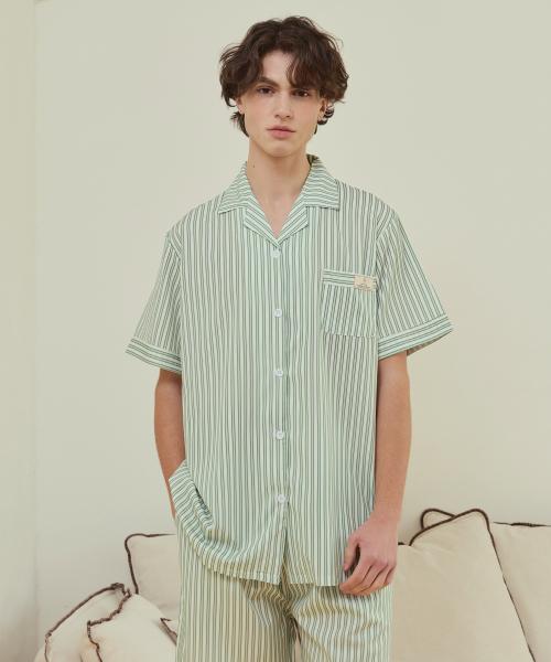 [Pink Zone] Blain Stripe Green Short-Sleeve Collar Pajama Set [Shipped from Korea] 100% Authentic