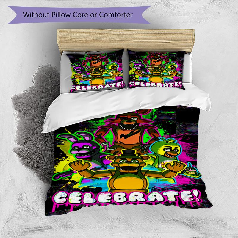 3pcs Freddy Bear2 Design Cover Set - HD Printed Bedding with 1 Cover and 2 Pillowcases - Perfect for Home and Dorm Decor