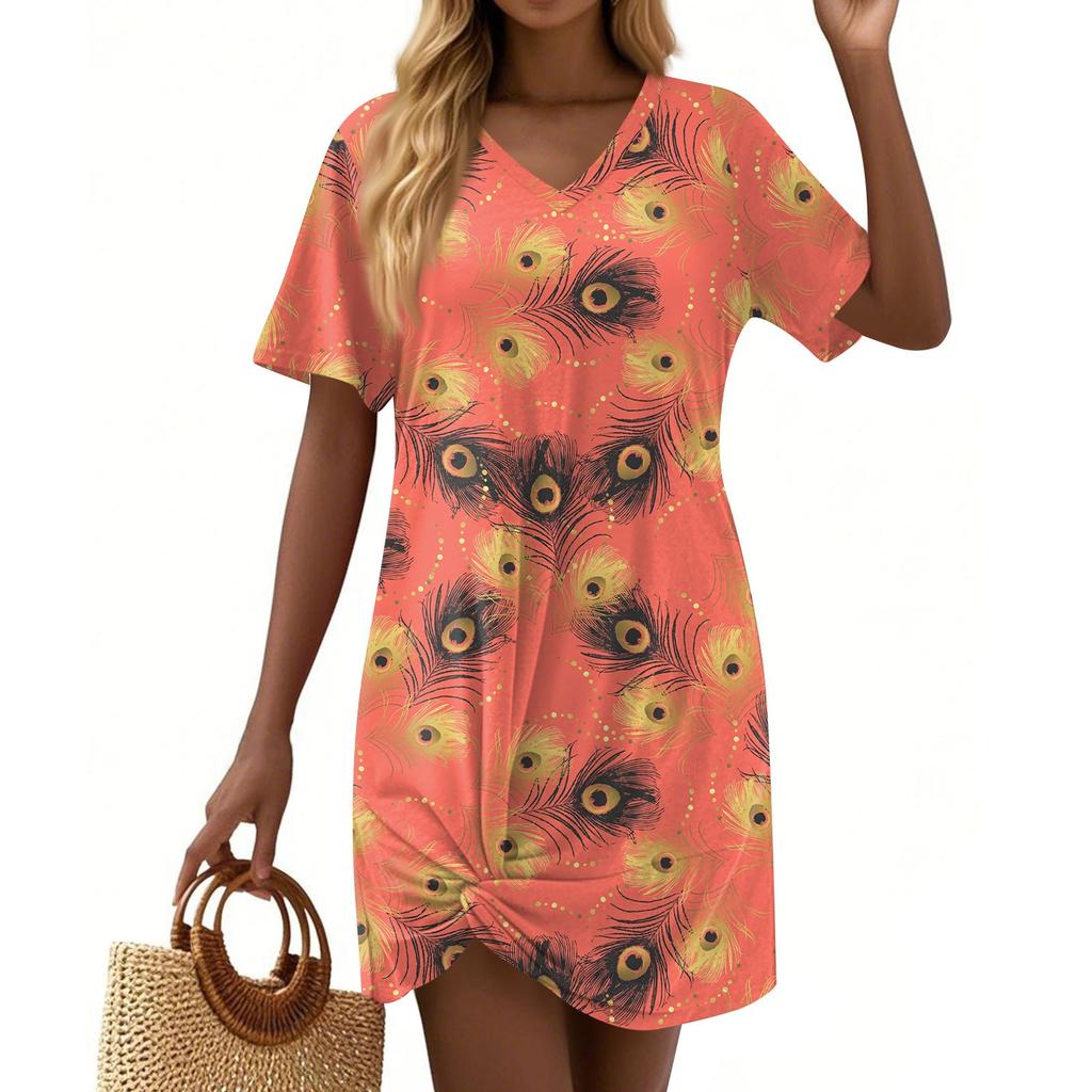 Women's Summer Casual Feather Printed Hem Knotted Short Sleeve Dresses