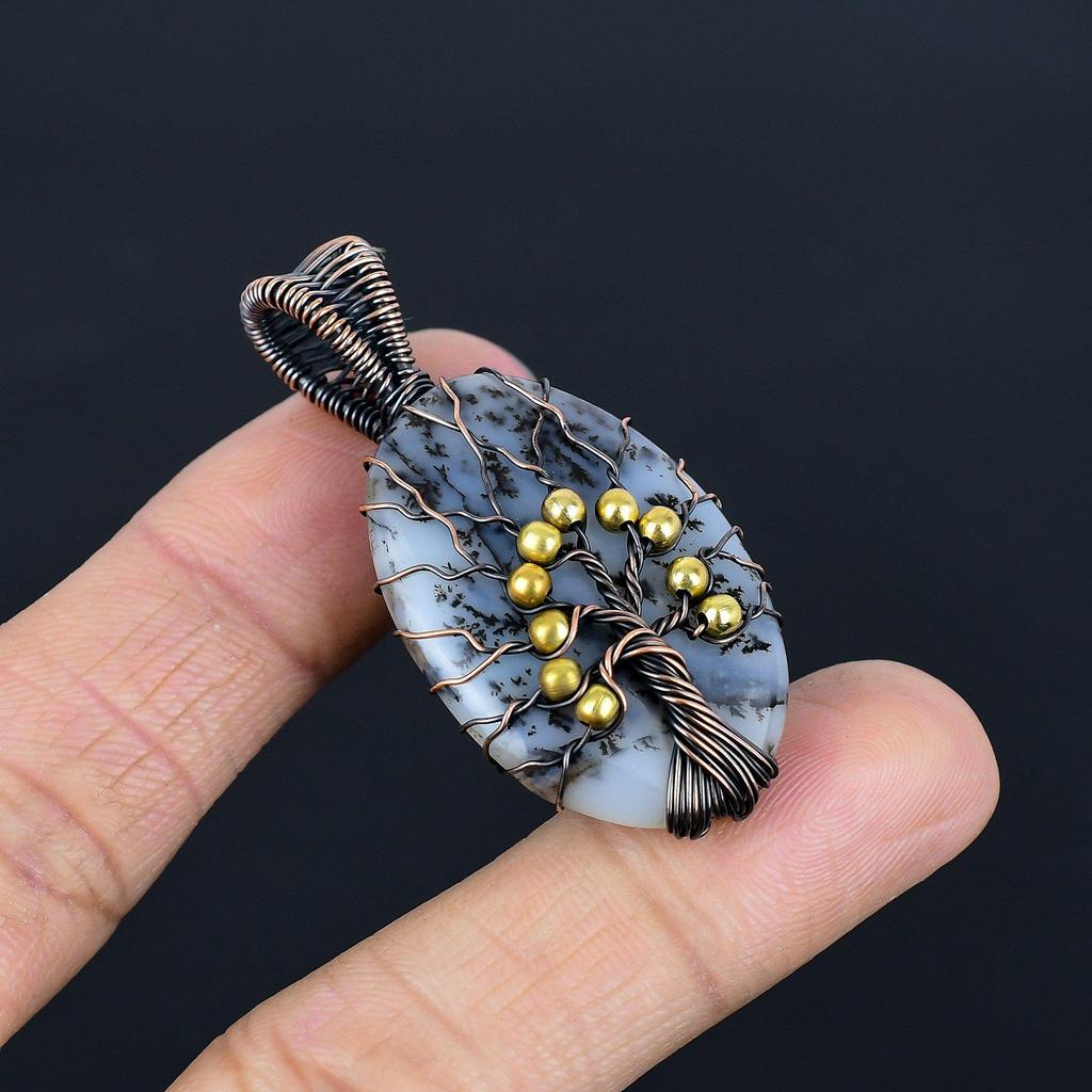 Dendrite Opal 999 Copper Wire Wrapped Pendant, Handmade Gemstone Jewelry Pendant Gift For Birthday