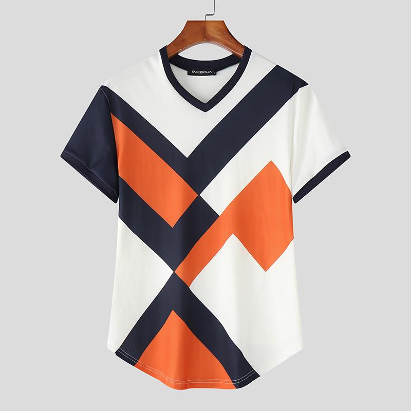 

INCERUN Men V Neck Short Sleeves Stitching Print Casual T-shirts Tops M темно-синий