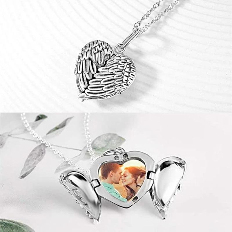 New Angel Wings DIY Flash Memory Photo Pendant Antique Heart-Shaped Locket Souvenir Necklace Fashion Women Romantic Accessories