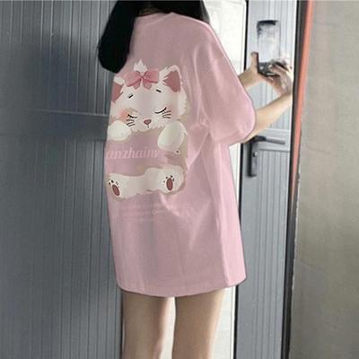 Vasaros animacinių filmų spauda grynos medvilnės marškinėliai Moteriški hip hopo stiliaus gatvės apranga, laisvalaikio, mieli marškinėliai Moteriški Harajuku Didelės trumpos rankovės rožinės spalvos y2k viršutiniai drabužiai