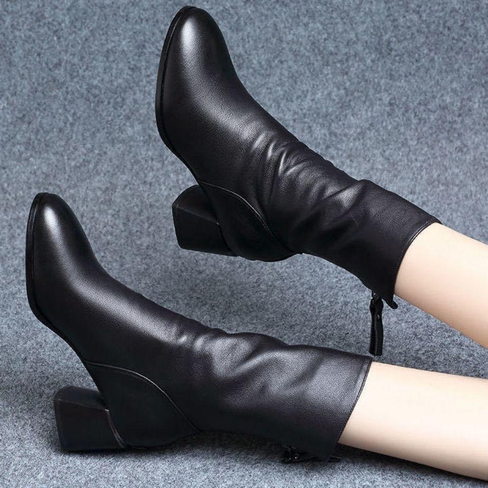 Fashion Black Middle Heel Ladies Fleece-Lined Mid Calf Shoes Autumn Winter Leather Women's Half High Boots Designer Luxury Elegant Boot