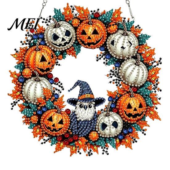 Beautiful Holiday Ornament Fall Pumpkin Sunflower Wreath Hanging Decor, Acrylic Hand Painted Window Ornament, Thanksgiving Halloween Harvest
