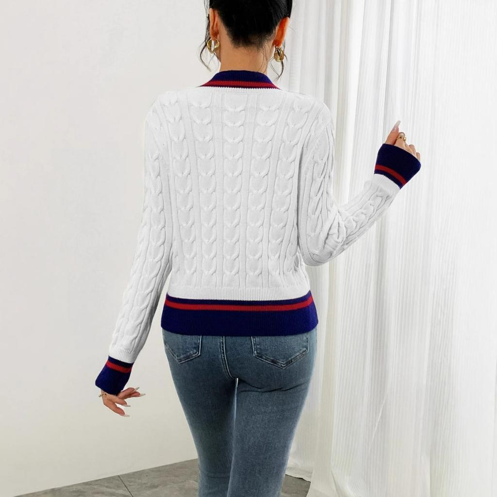 Women's Preppy Style Color Block Linen Blend V-neck Cardigan Sweater Coat For Spring Autumn