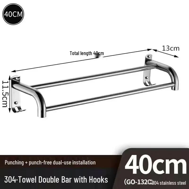 Handdun Hotel 304 Stainless Steel Double Towel Bar with Hooks