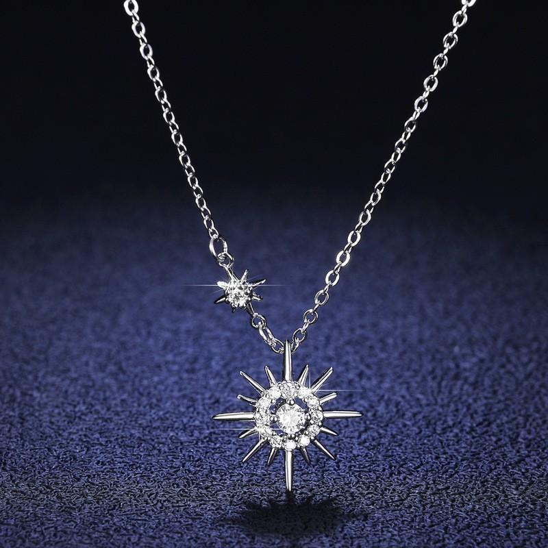 Sterling Star Moon Pendant Necklace Women Six Point Constellation Charm Delicate Chain 925 Sterling Silver