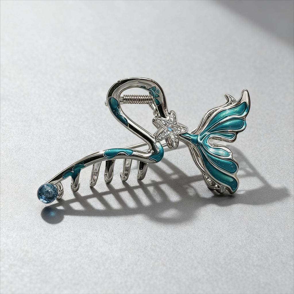 1Pc Enamel Fishtail Grab Clip Silver Tone Diamond Starfish Hair Grab Hairpin Disc Hair Shark Clip Hair Accessories