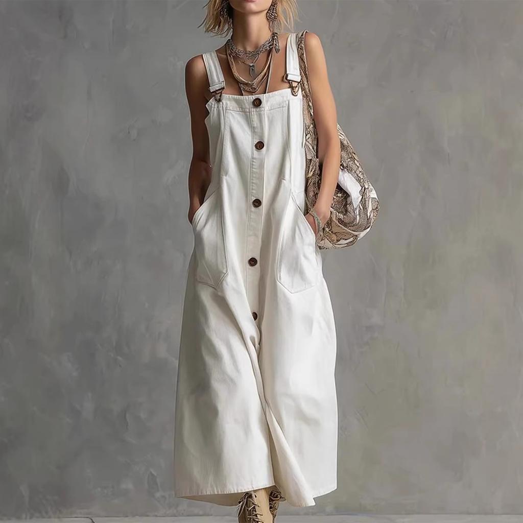 Women’s Sleeveless Button Front Overall Dress with Adjustable Straps and Large Patch Pockets Casual Loose Fit Long Skirt