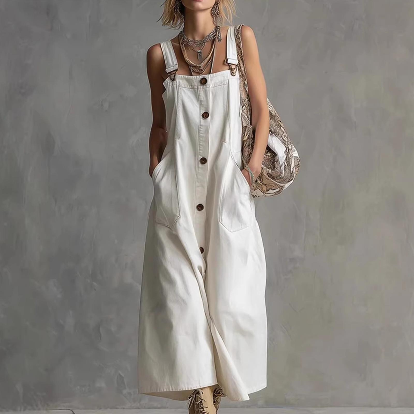 Women s Button Pocket Strap Dress L белый