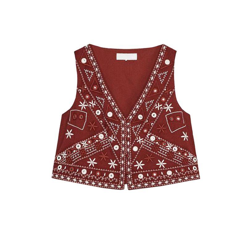 

Summer New Arrival Women clothes Mirror Effect Decorative Embroidery Vest 5770029 Leisure Shorts 5770027 Earth color Tops L