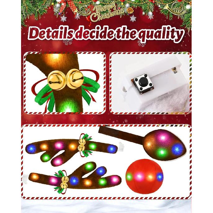 Christmas Reindeer Antlers Car Decoration Kit, LED Multicolor Lights Nose Vehicle With Jingle Bells Rudolph, Auto Holiday Accessories For SUV Van