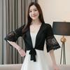 Women Summer Lace Chiffon Shawl Sun Protection Cardigan Seven-quarter Flare Sleeve Knit Open Front Coat