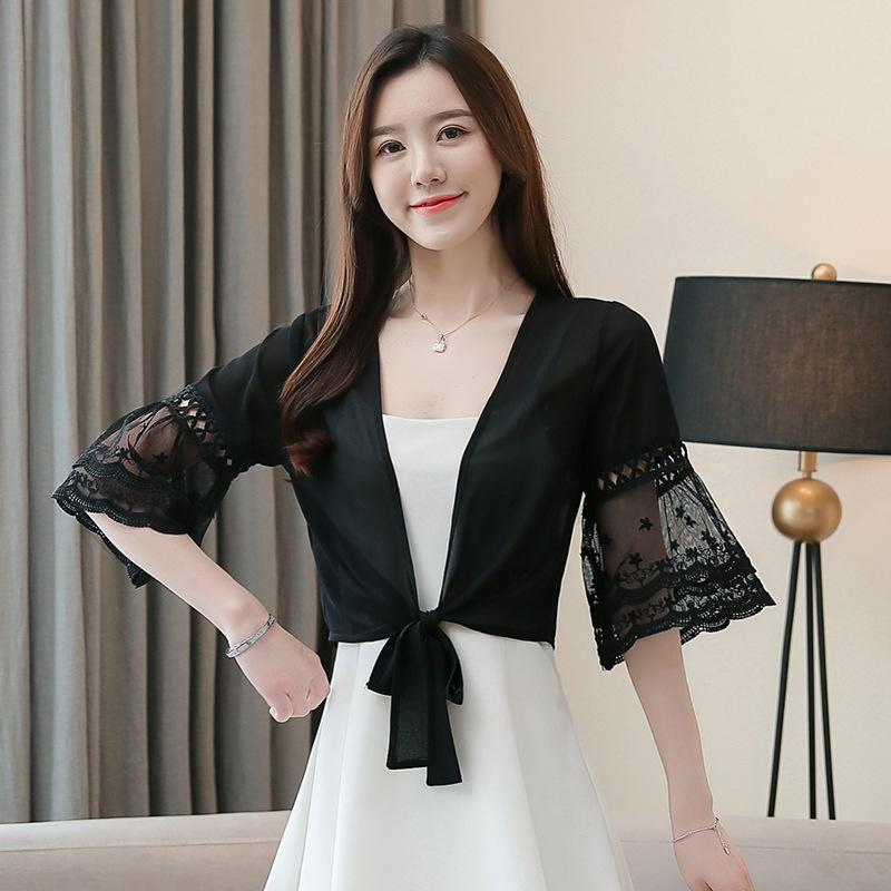 Women Summer Lace Chiffon Shawl Sun Protection Cardigan Seven-quarter Flare Sleeve Knit Open Front Coat