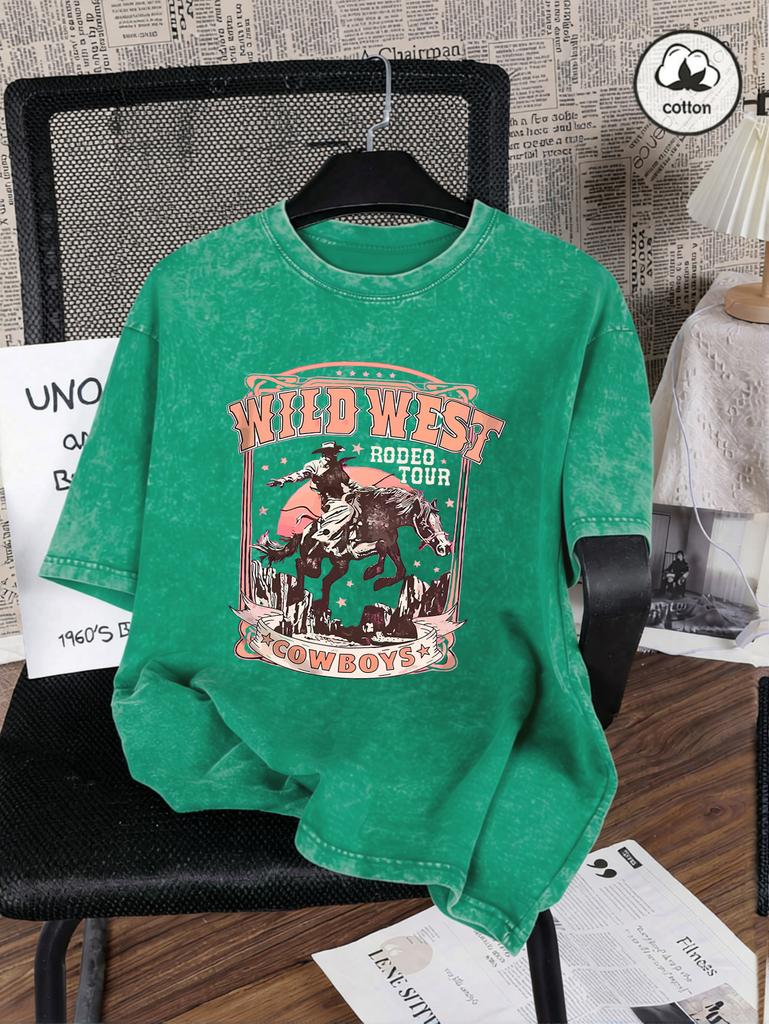 Wild West Cowboys Print Snow Wash Women Tee Shirts Hip Hop Summer T Shirt Casual Washed Clothes Cotton Oversized Short Sleeves