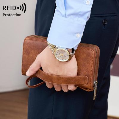 Men's RFID Business Wallet with Double Zipper - Retro, Fashionable, Large Capacity Women's Clutch