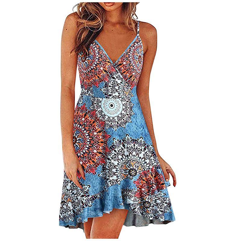Swing Dress2025 Summer Women Clothes Sexy Fashion V-neck Sling Sleeveless Backless Print Swing Dress