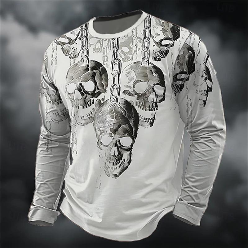 Men's 3D Printed Skull Long-sleeved T-shirt Top Retro Men's Round-neck Street T-shirt Autumn Outdoor Oversized Clothing