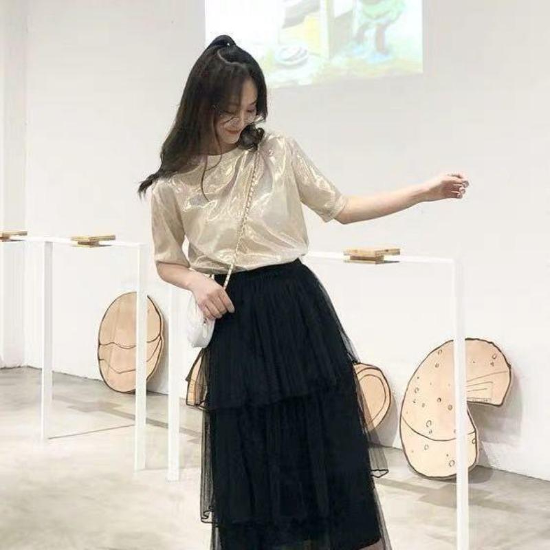 Loose Sparkly Stylish Bright Summer Women Korea Lady Shining T-shirts Basic Tees Streetwear Tops