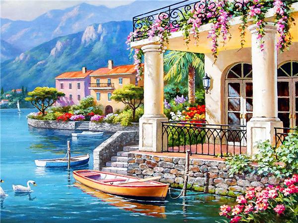 5d Diy Diamond Painting Seaside House Town Full Square/round Embroidery Mosaic Mountain Landscape Home Decor