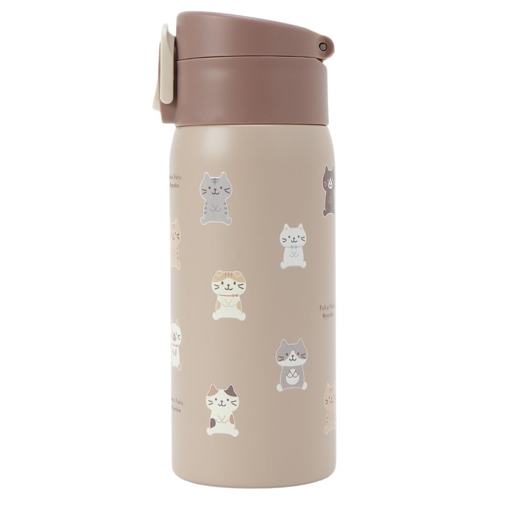 350ml Stainless Steel Bottle, Insulated, Direct Drinking, One-Touch Operation, Cute Cat Design, Fukufuku Nyanko, Happins