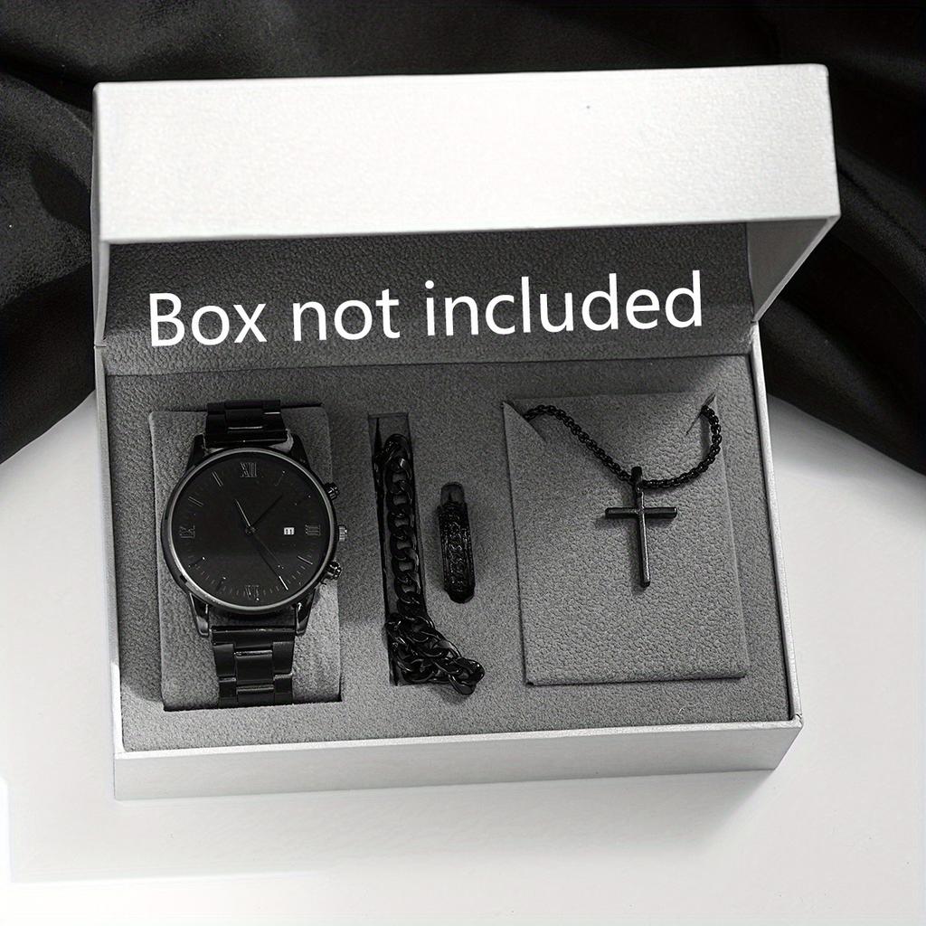 4pcs-Trendy Cross Hip Hop Jewelry Chain Ring Bracelet Necklace Three Piece Set+Casual Quartz Watch, Ring Bracelet Necklace Watch