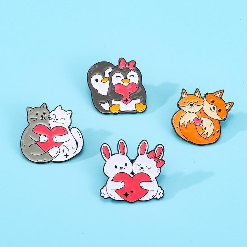 Cartoon Couple Animals Enamel Brooch Penguin Cat Rabbit Fox Heart Lovers Lapel Pin Badge Backpack Clothes Jewelry Accessories