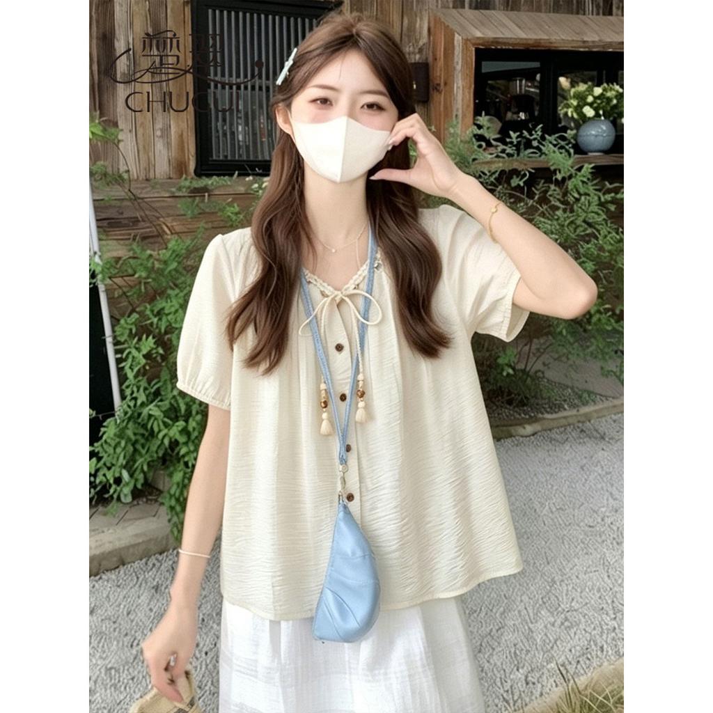 French retro short-sleeved shirt women's new summer bubble-sleeved shirt fat MM meat-covering and thin top A
