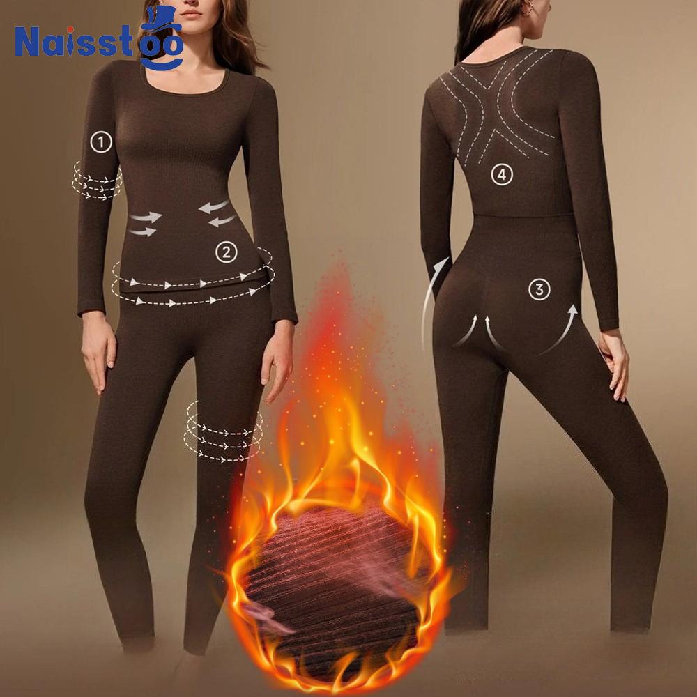Set di biancheria intima termica da donna per autunno e inverno, aderente, snellente, a maniche lunghe, maglia intima termica e pantaloni termici