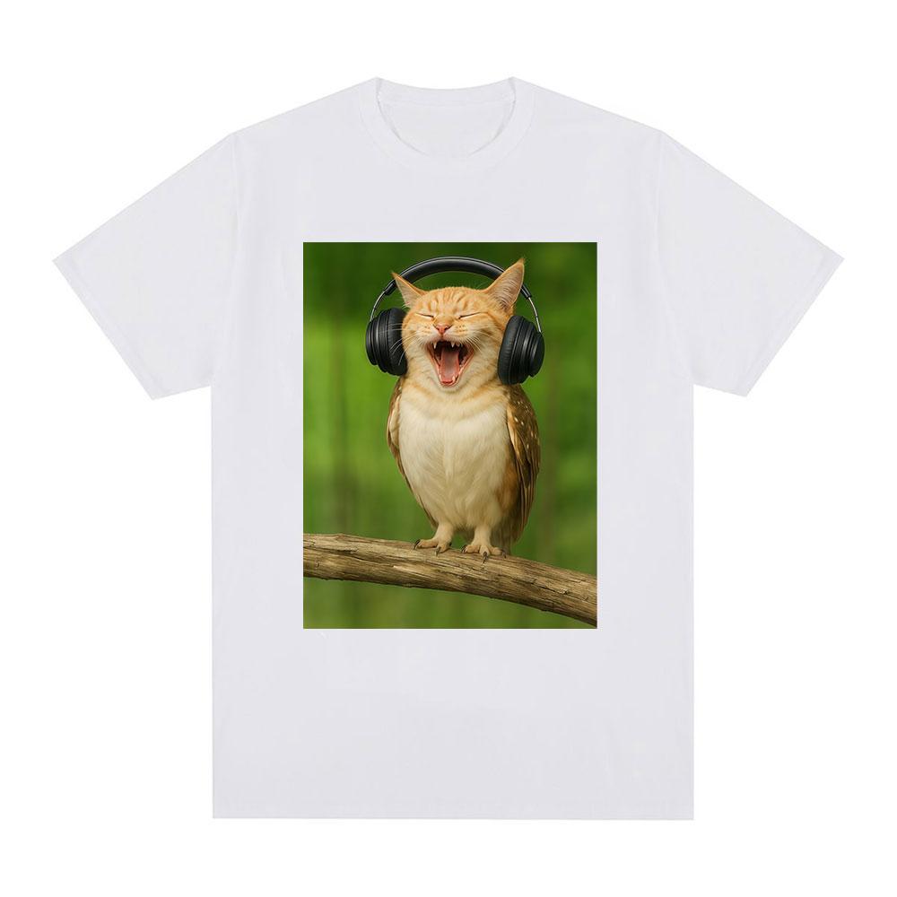 Cat Owl Headset Funny Meowl Meme Tshirts Mens Women Clothing Fashion Harajuku Short Sleeves Cotton Summer T Shirts Streetwear