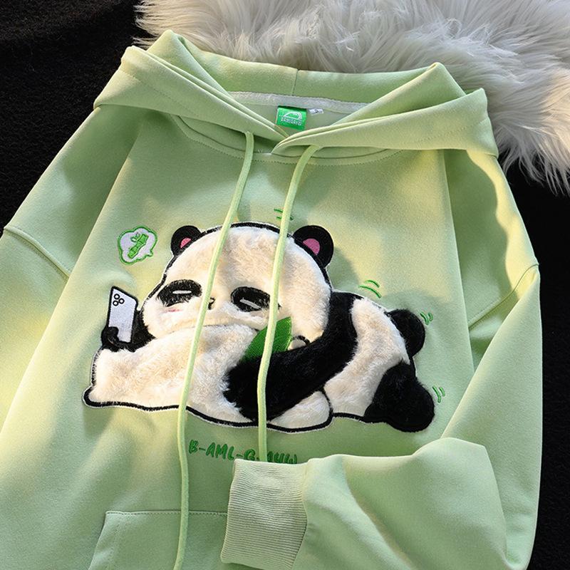 

Country Oversize Flocked Cute Panda Hooded Sweater Men and Women Loose Bf Lazy Wind Couple Coat M зелёный