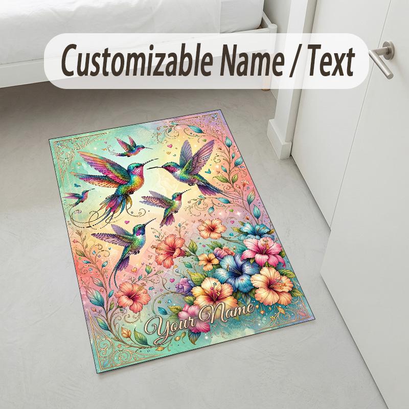 Hummingbirds Floral Theme Soft Crystal Velvet Rug Custom Name & Text Print Non Slip Floor Rug for Bedroom Living Room