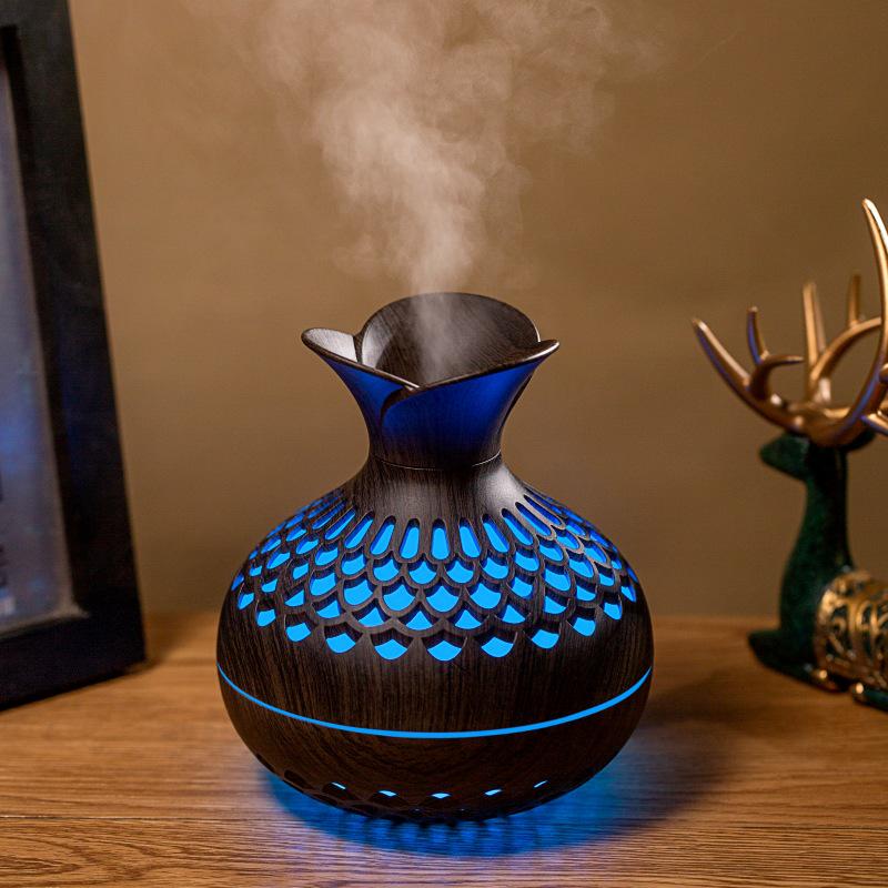USB Wood Grain Flower Vase Humidifier: Silent Aroma Diffuser with Colorful Night Light for Home and Office