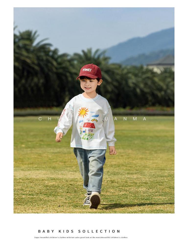 Nausicaa Spring 2025 Kids' Hand-Painted Korean-Style Cotton T-Shirt - Cute Long Sleeve for Boys & Girls