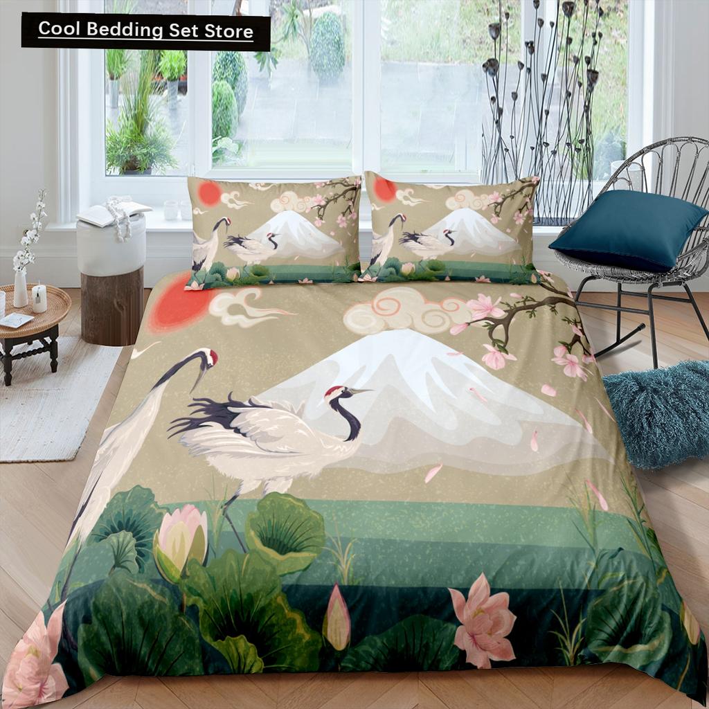 Japanischer Kranich-Bettbezug, King- und Queen-Size-Bettwäscheset mit Wellenblume im Ukiyo-e-Stil, östliche Kultur, 2/3-teilig, Polyester-Bettbezug