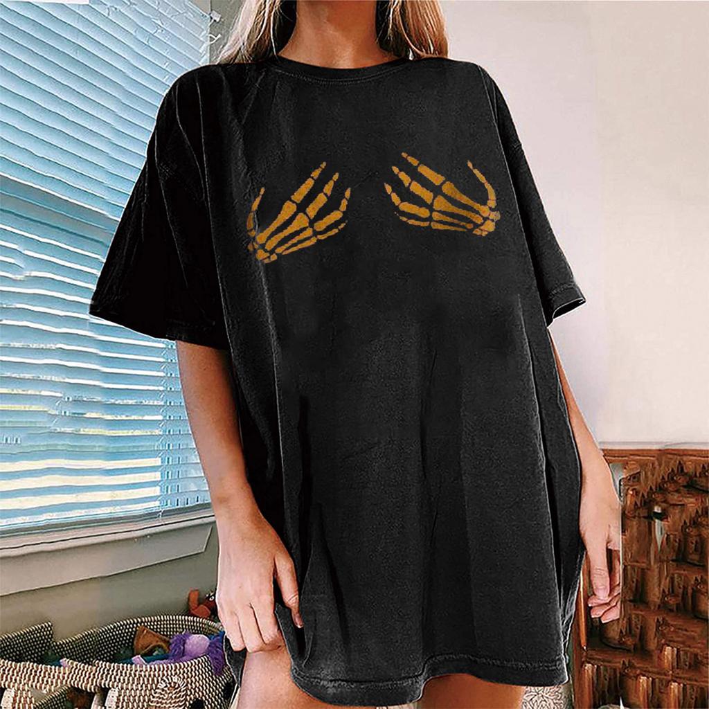 Women's Loose Blouse Round Neck Short Sleeve Halloween  Print T-shirt Top