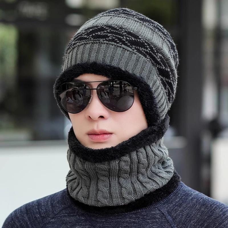 Men's Striped Woolen Hat Thick Hat Warm Winter Hat Versatile Anti Cold Cover Head and Neck Protection Cotton Hat for Men