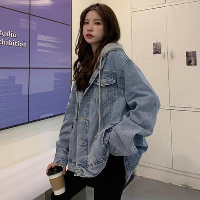 Vintage Denim Huvjackor Damrock Enkelknäppt Fickor Lös Passform Ytterkläder Casual Överrock Streetwear