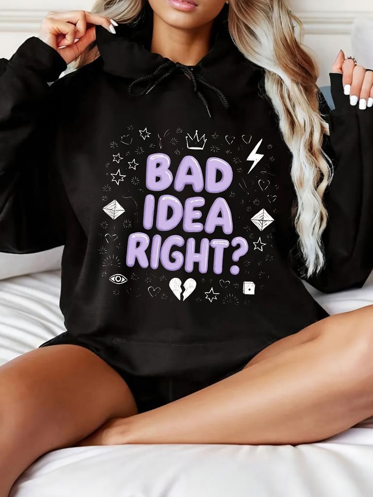 Women's Pattern Hoodie, "Bad Idea, Right" Fashionable Casual Sweatshirt with Lightning and Crown Design