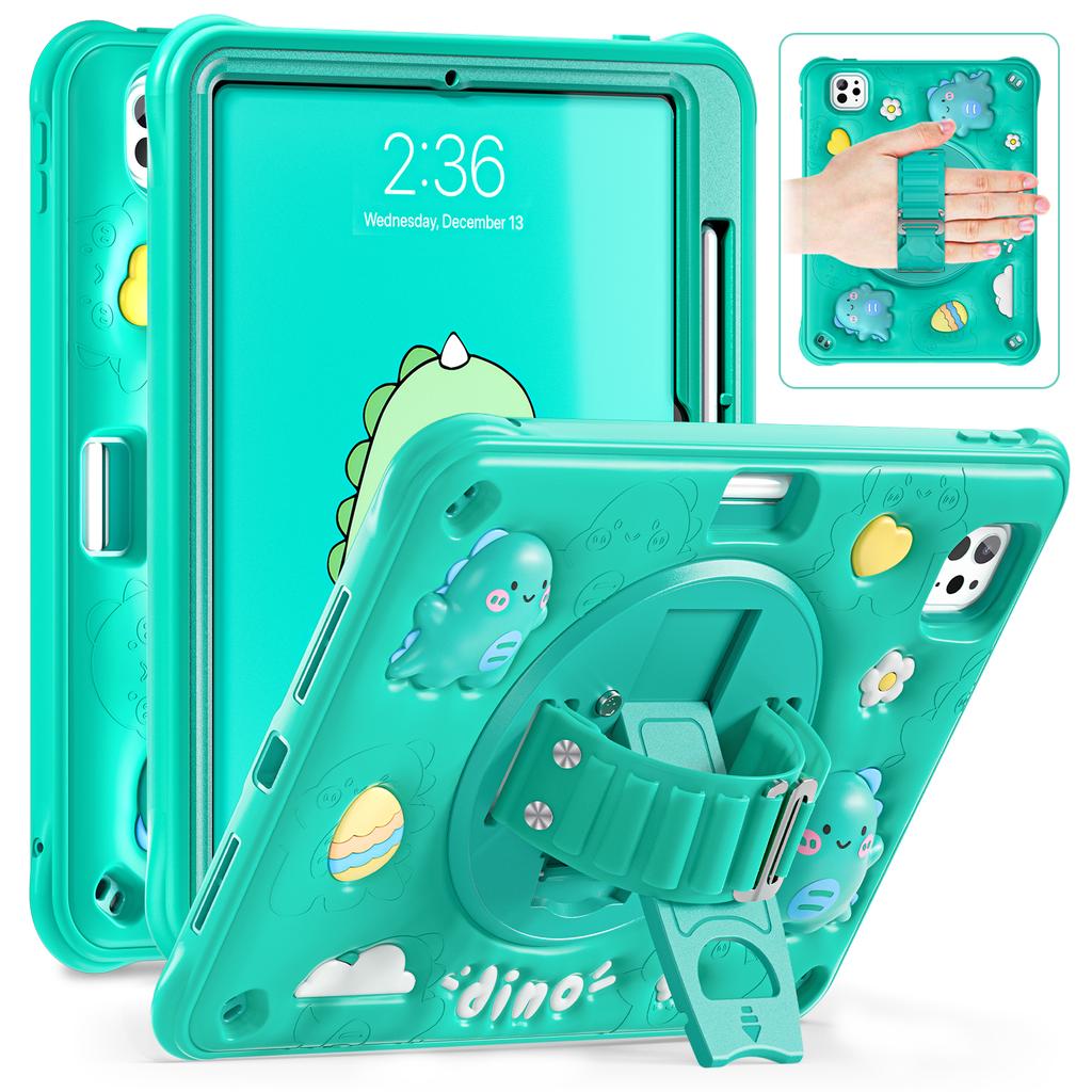 For iPad Pro 11 (2024) Case Cartoon Dinosaur Hand Strap Kickstand PC+Silicone+TPU Cover
