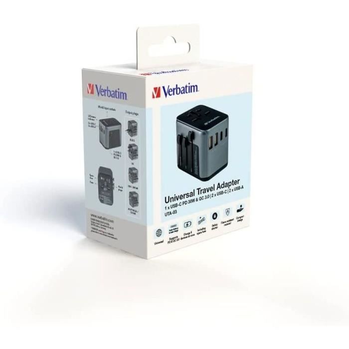 Adaptateur secteur universel de voyage - verbatim - uta-03 - 30 watt - pd 3.0 - quick charge 3.0