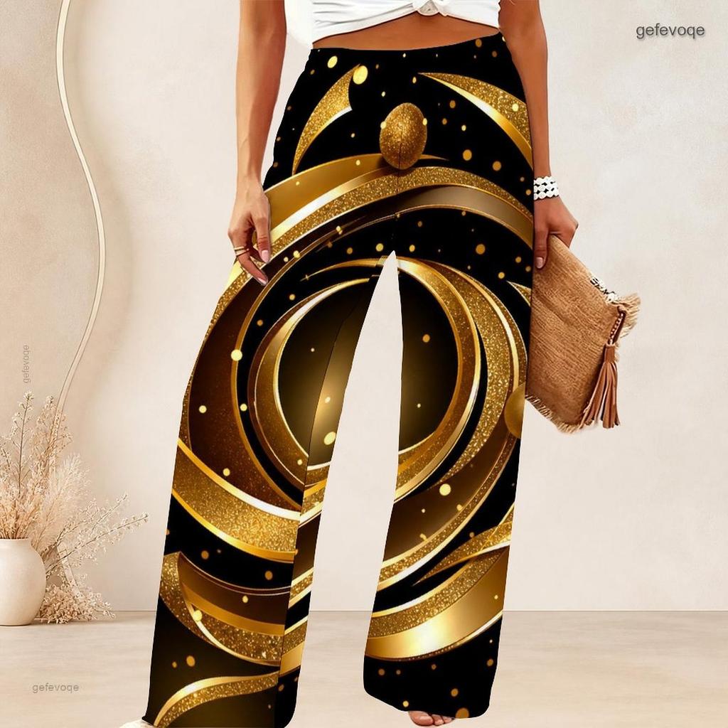 Women Plus Size Black Gold Glitter Striped Dots Print High Waist Wide Leg Long Pants Casual Loose Comfortable Trousers For Daily Party Wear