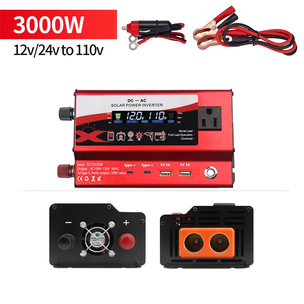 3000W/4000W/6000W High Power Portable Car Inverter Household Intelligent Display Power Inverter 12V/24V to 110V Voltage Converter With Light